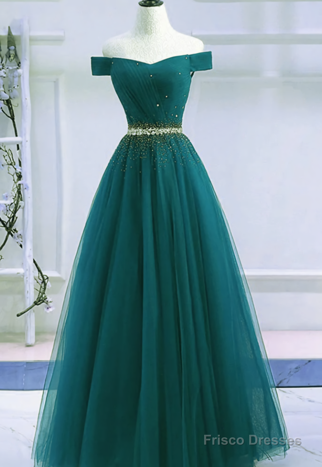 Pretty Hunter Green Off Shoulder Beaded Prom Dress, Long Evening Dress, Party Dress Secondary image