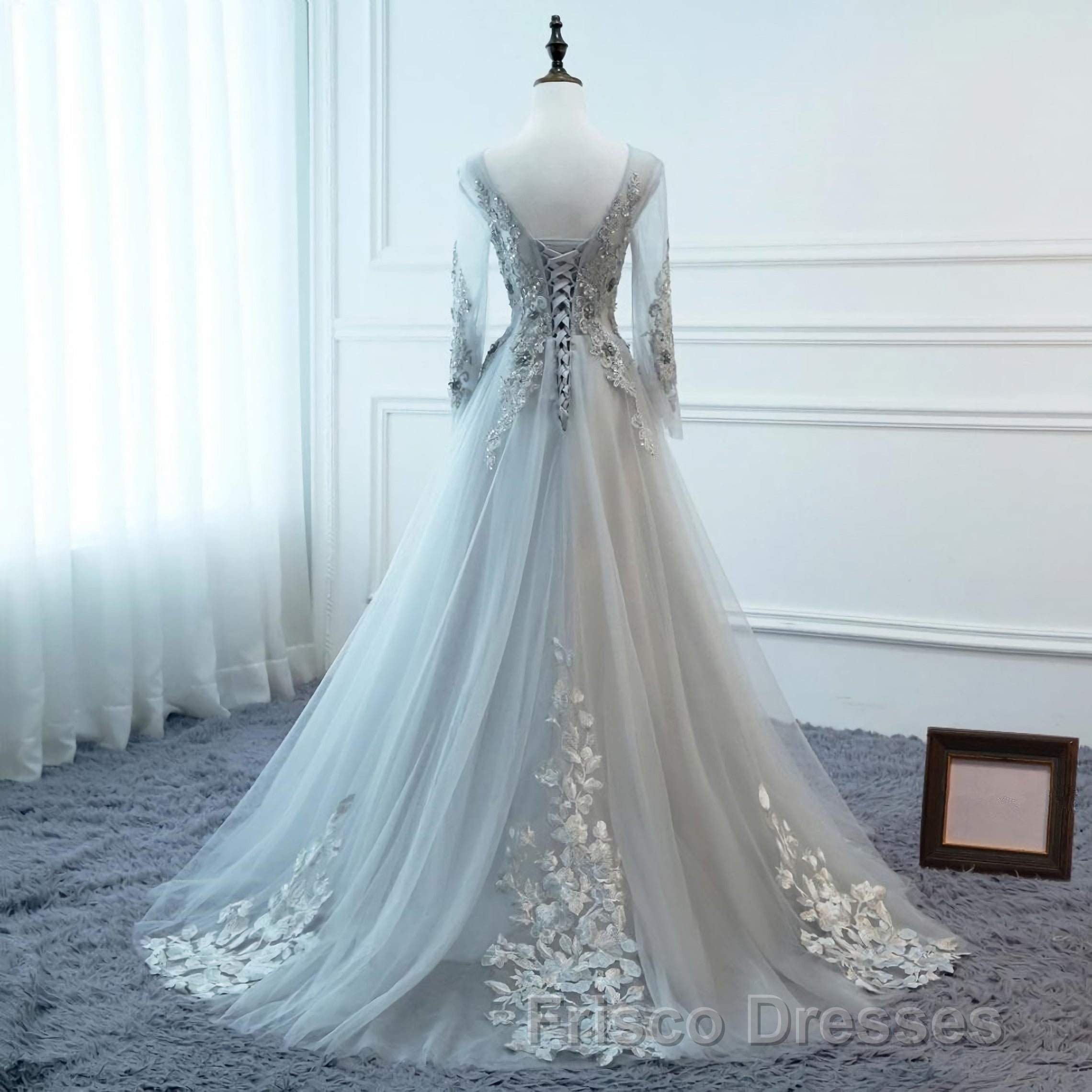 Grey Long Sleeves V Neckline Tulle Formal Prom Dress, A Line Floor Length Party Dress