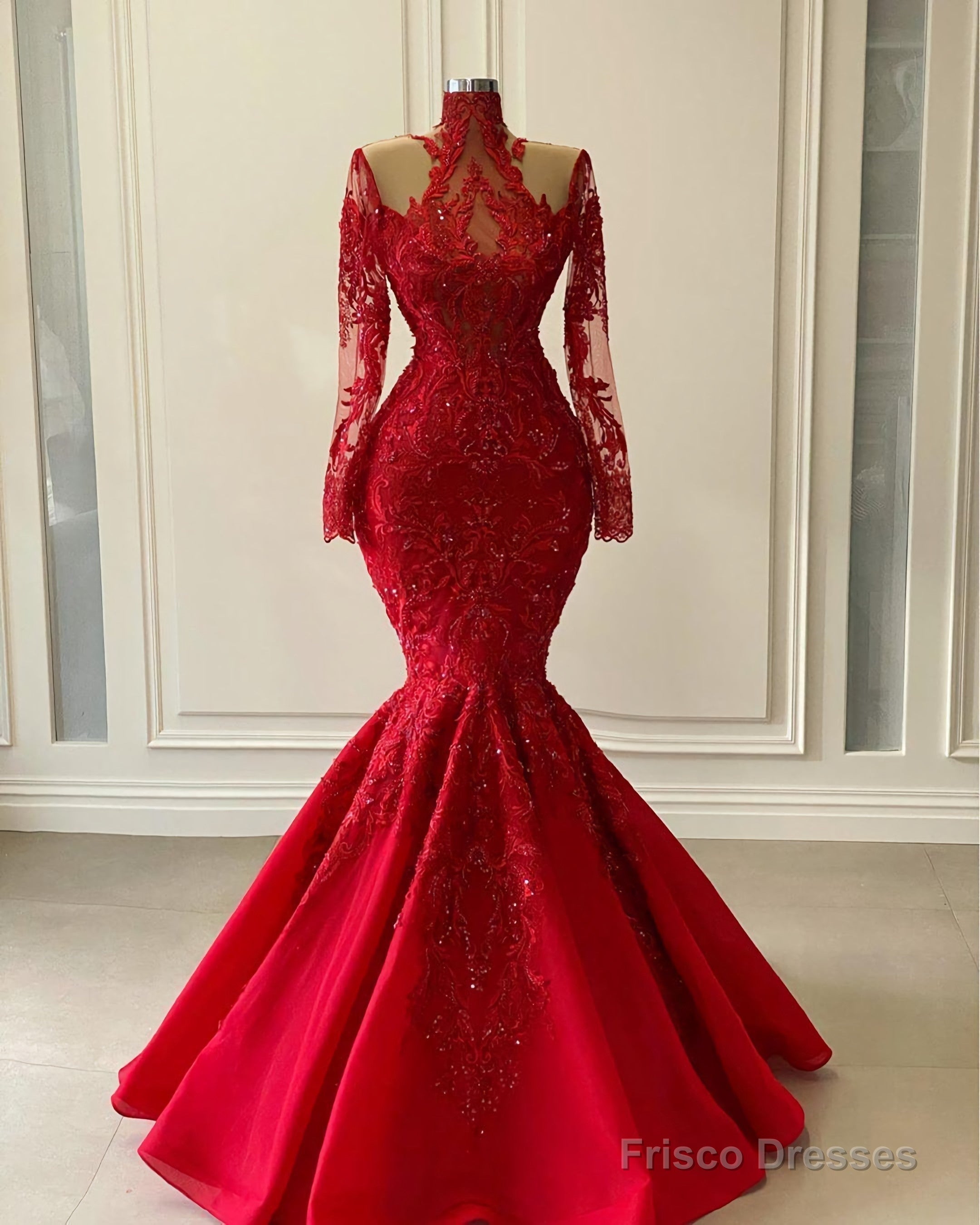 Red Luxurious Lace Beaded Evening Dresses 2025 Red Shiny Long Sleeve High Neck Mermaid Prom Gowns Main image