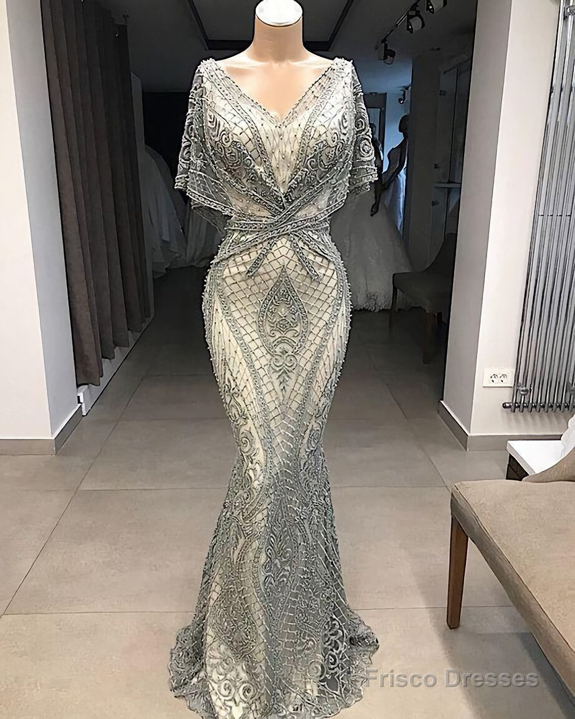 Modest Evening Dresses, Long Gray Lace Applique Beaded Elegant Mermaid Prom Dresses Main image