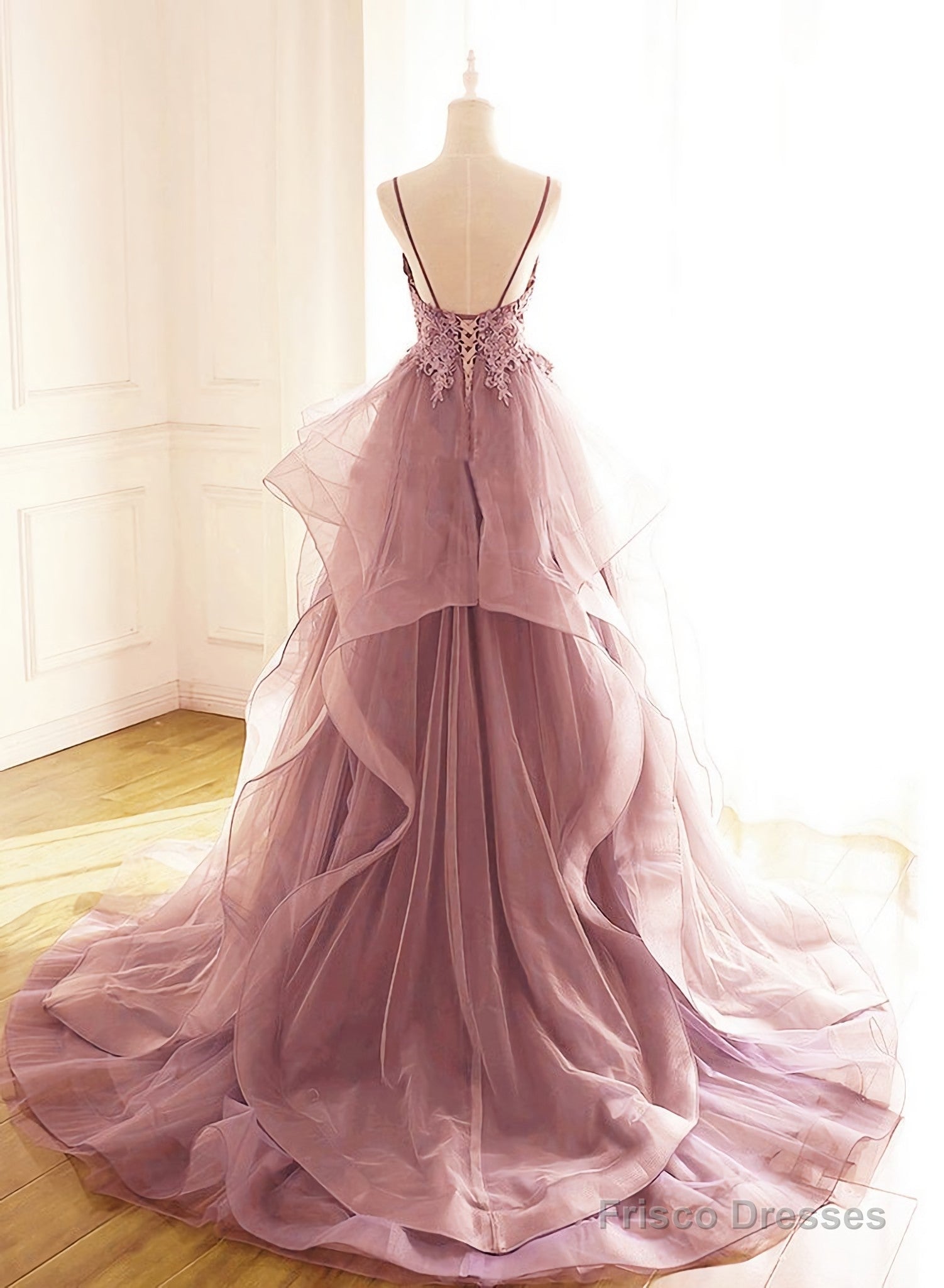 Dark Pink V Neck Tulle Lace Prom Dress, Spaghetti Strap Prom Dress, Ruffle A Line Formal Dress Main image