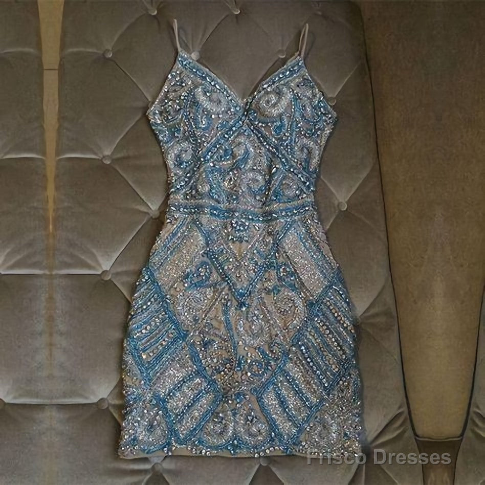 Silver And Turquoise Crystal Beaded Homecoming Dresses, Short Main image