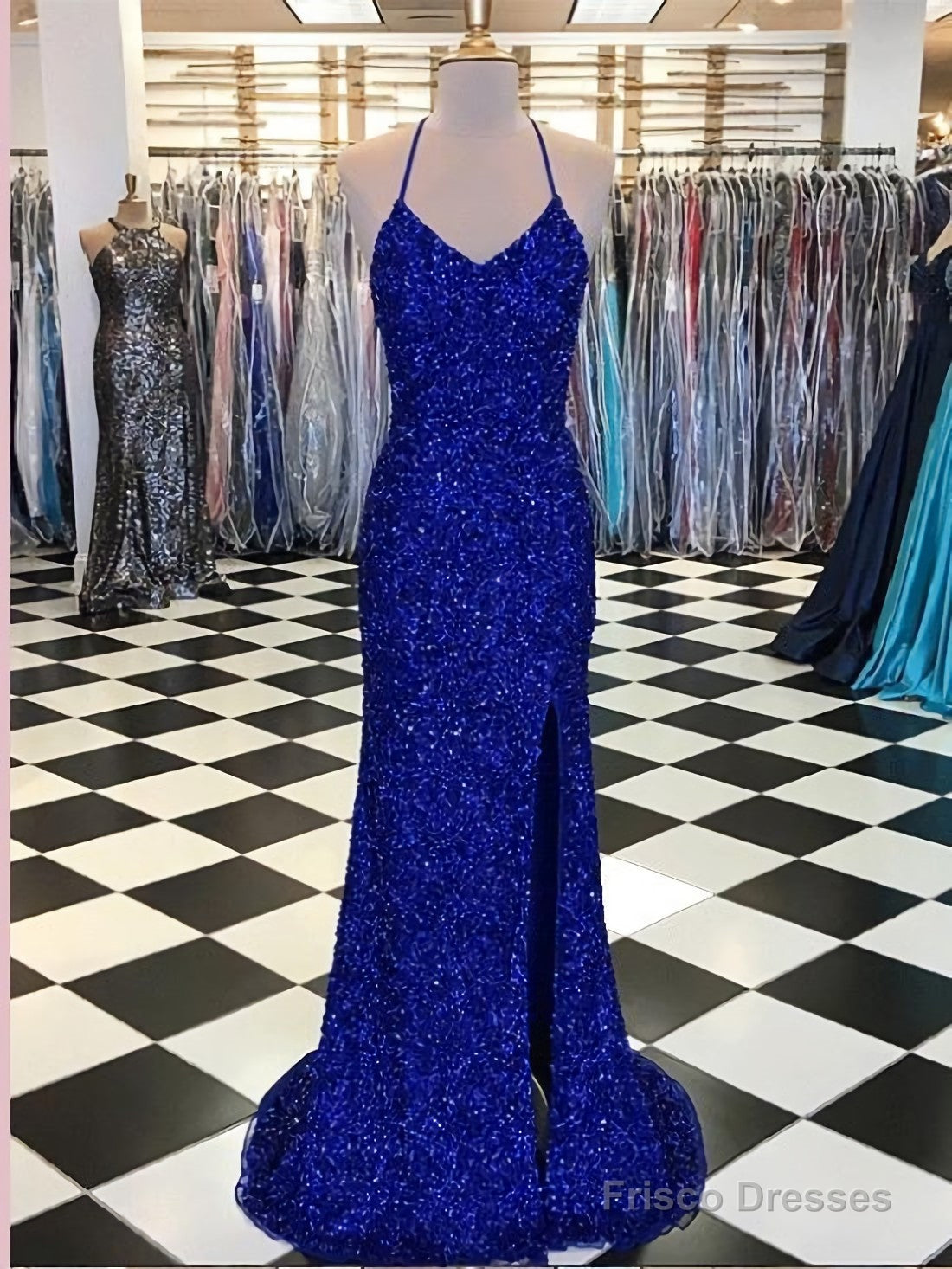 Trumpet Mermaid Royal Blue Long Prom Dresses, Spaghetti Straps Beading Evening Gowns Secondary image