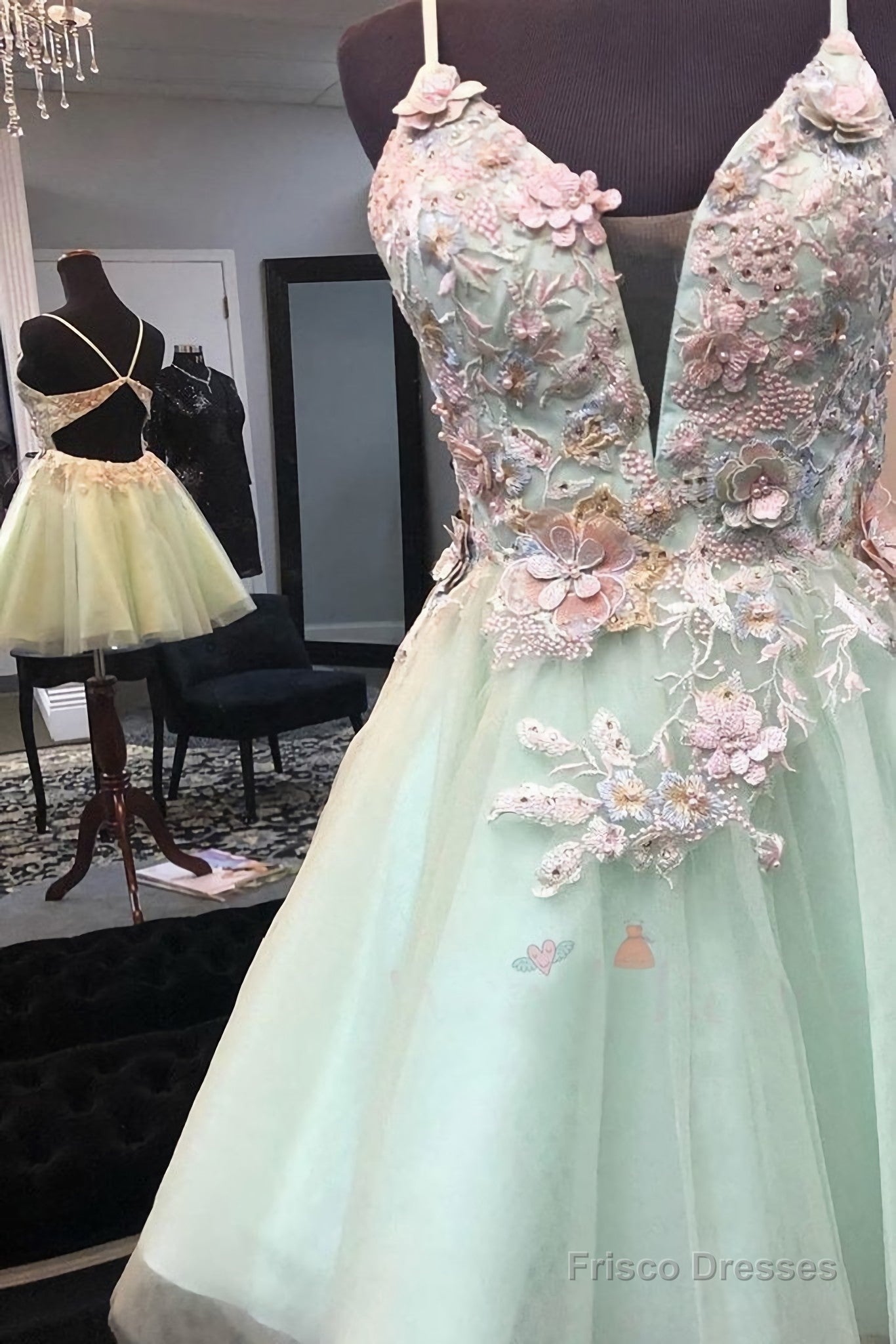 Mint Green Short Homecoming Dress, With Flowers Mini Tulle Graduation Dress, With Pearls Secondary image