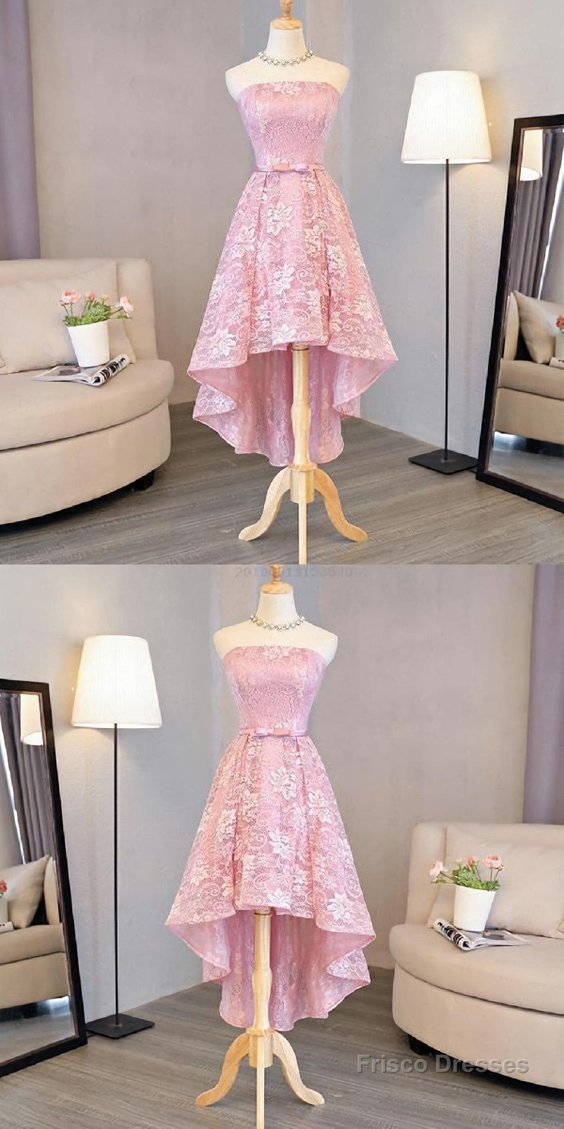 Nice Pink High Low Lace Dress, Pink High Low Dress, Lace Dress, Homecoming Dress Secondary image