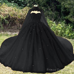 Vintage Black Wedding Dress, Ball Gown For Gothic Weddings With Cape Prom Dress, Evening Dress