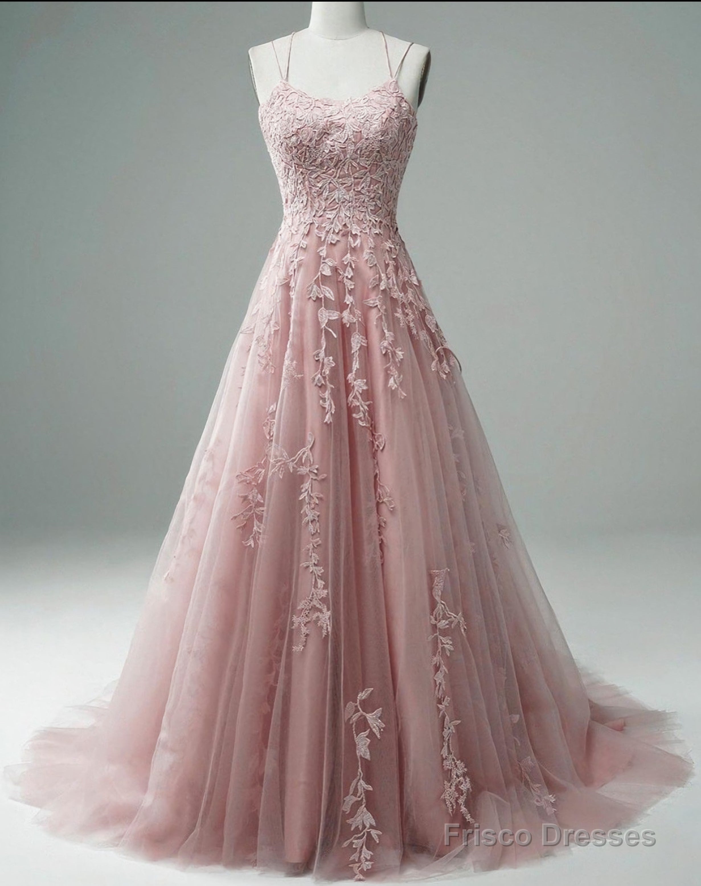 Lace Applique A Line Elegant Spaghetti Straps Cheap Senior Prom Gowns Main image