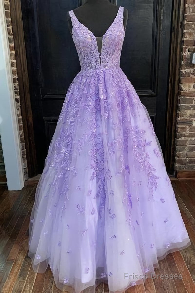 V Neck Purple Lace Long Prom Dress, Long Purple Lace Formal Dress, Lilac Lace Evening Dress Main image