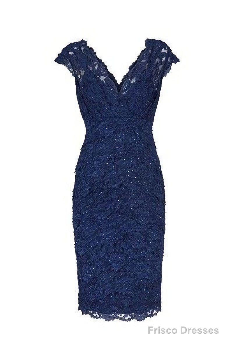Sexy V Neck Navy Blue Lace Short Mother Of The Bride Dress, Homecoming Dress Main image