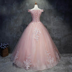 Pink Cap Sleeves Ball Gown Tulle With Lace Sweet 16 Prom Dresses, Long Quinceanera Dresses