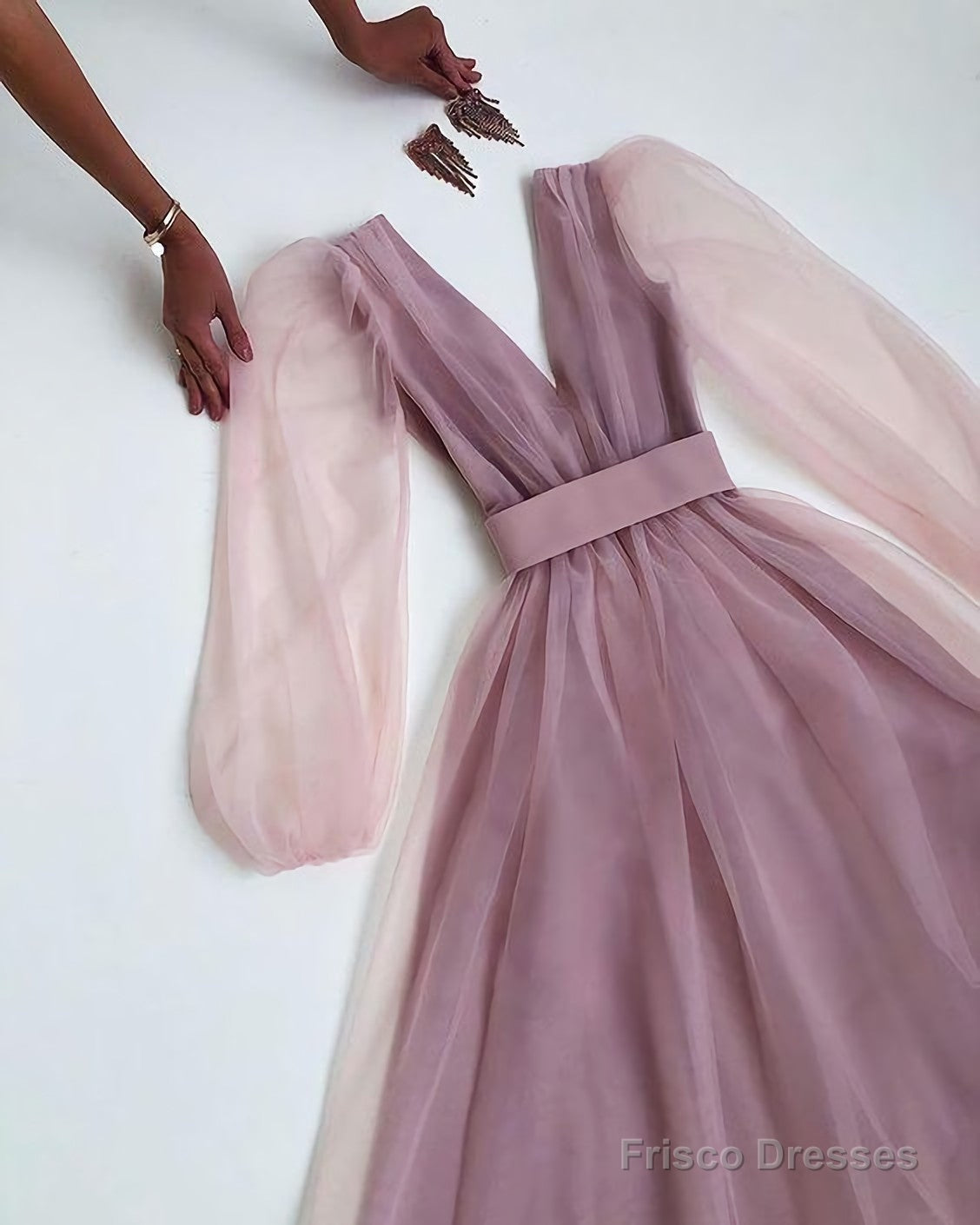 Tulle Long Formal Dress, V Neck Prom Evening Gown Main image