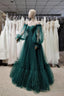 Pretty Green Lace Prom Dresses, Puff Long Sleeves Off The Shoulder Lace Appliques Tulle Ball Gown