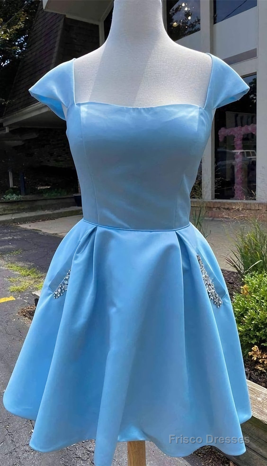Cap Sleeves Light Blue Satin Short Homecoming Dress, With Beaded Bodice Main image