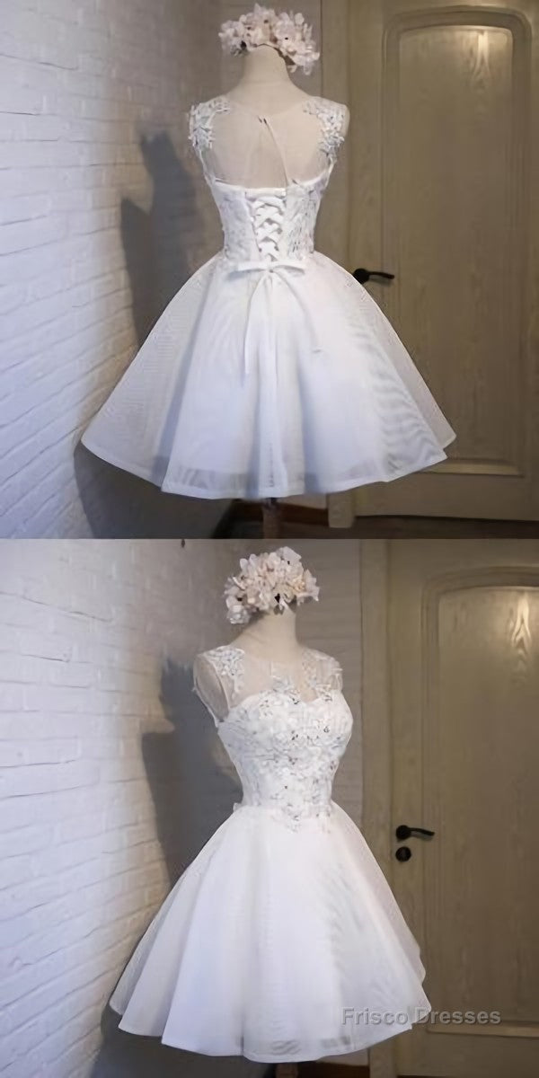 Glamorous A Line Scoop Neckline Short Homecoming Dresses, White Homecoming Dresses, With Sleeveless Main image