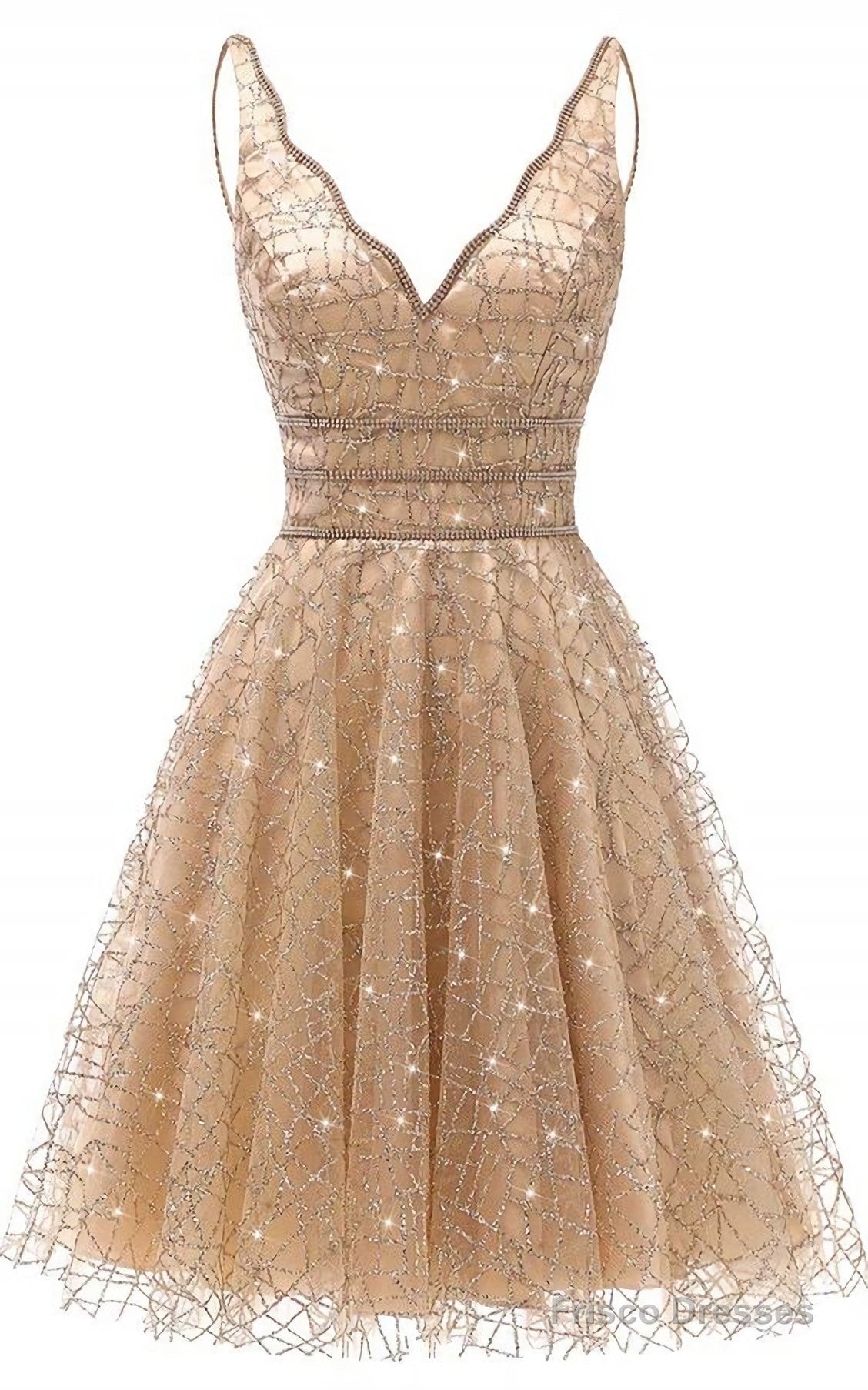 A Line V Neck Knee Length Gold Sequins Homecoming Dress, With Beading