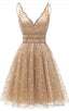 A Line V Neck Knee Length Gold Sequins Homecoming Dress, With Beading