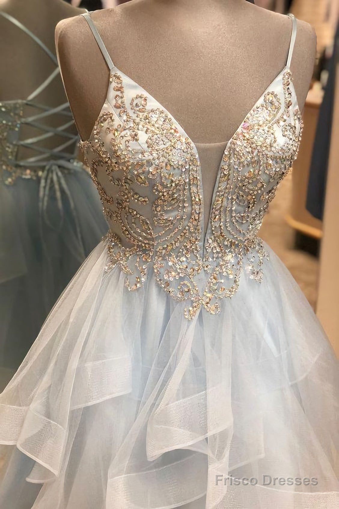 A Line Spaghetti Straps Light Sky Blue Short Homecoming Dress, With Beading Main image