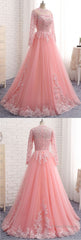 Charming Long Sleeve Appliques Pink Tulle Prom Dresses, Elegant Evening Formal Dress