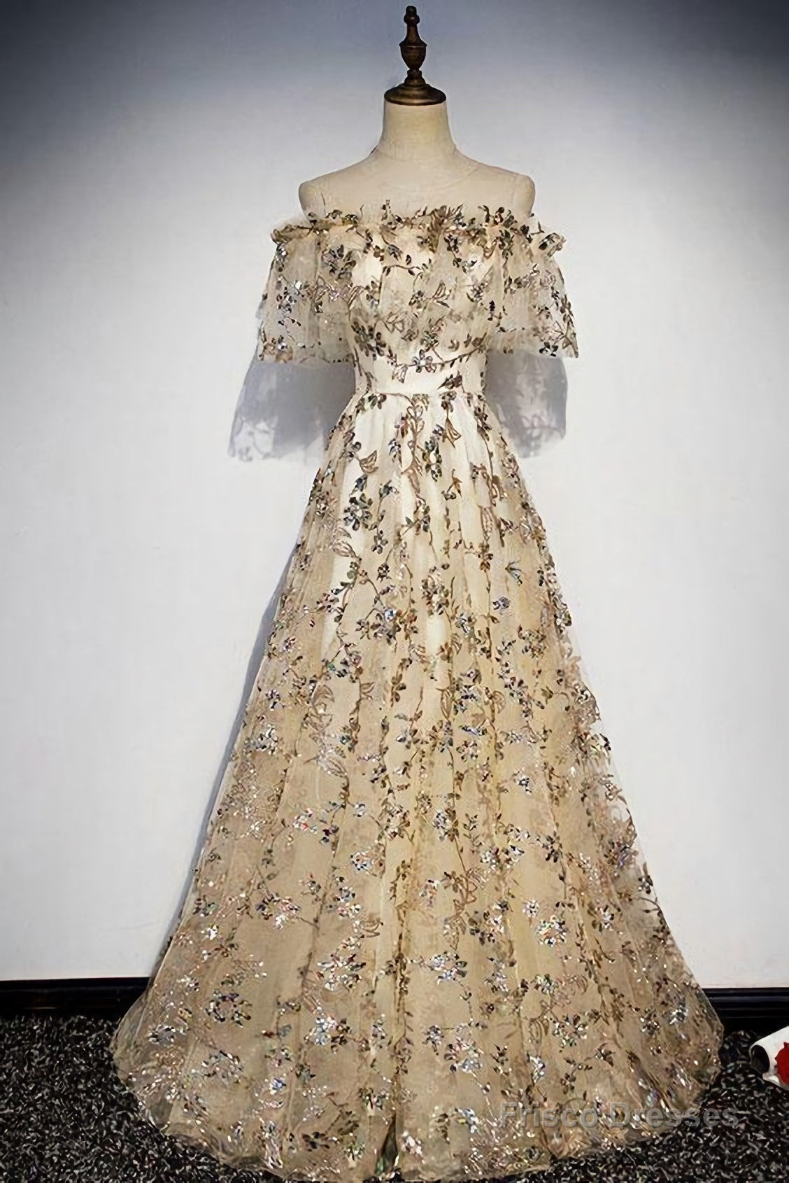 Champagne Tulle Lace Long Prom Dress, Champagne Evening Dress Main image