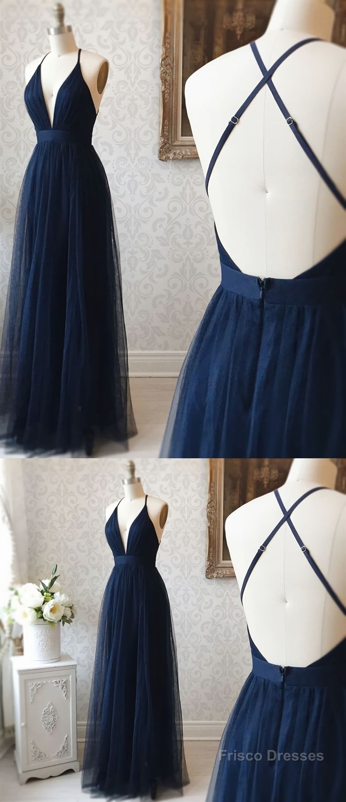 A Line V Neck Navy Blue Backless Prom Dresses, Dark Navy Blue Backless Tulle Evening Formal Dresses Main image