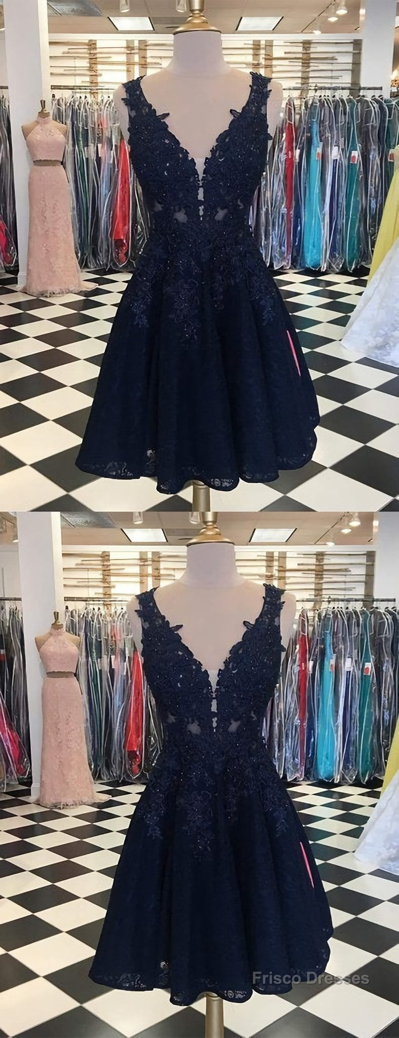 Dark Navy Lace Beading Sleeveless Illusion Homecoming Dresses Main image