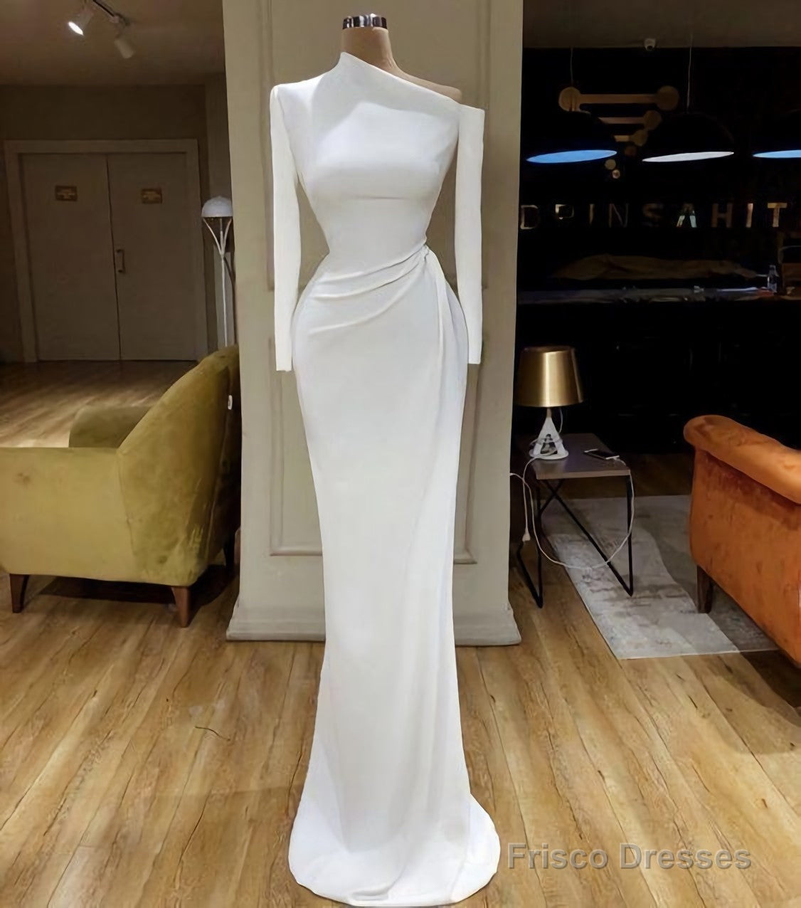 White Evening Dresses, Long Sleeve Modest Simple Mermaid Elegant Cheap Formal Prom Dresses Main image