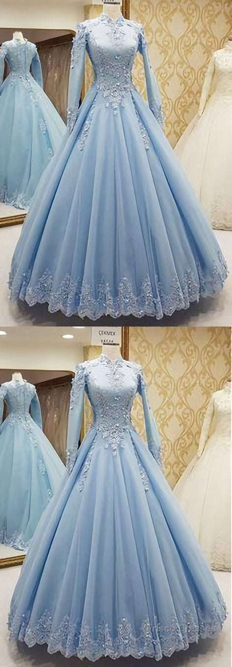 Blue Tulle High Neck Customize Formal Evening Dress, With Long Sleeves Main image