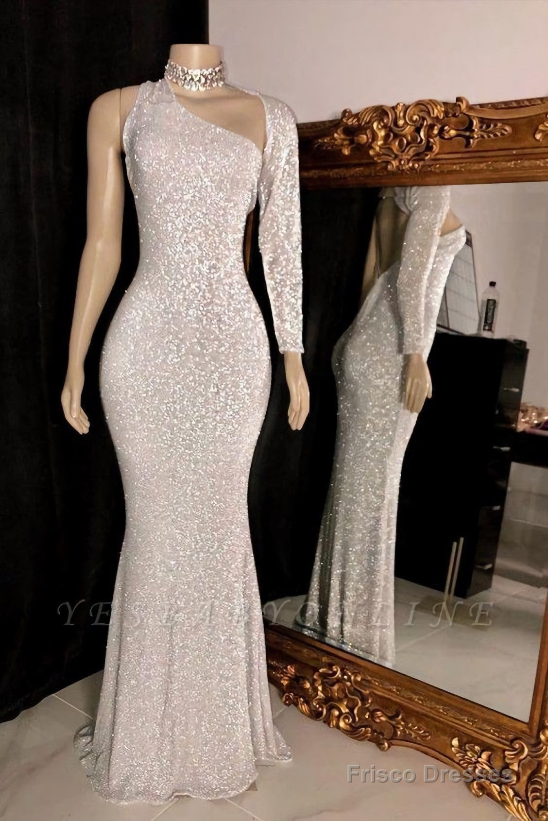 Sparkly One Shoulder Silver Floor Length Column Prom Dresses Main image