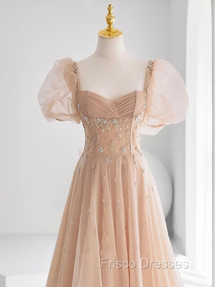 Chamapgne Beaded Short Sleeves Tulle A-line Formal Prom Dress, Champagne Party Dress Secondary image