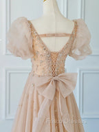 Chamapgne Beaded Short Sleeves Tulle A-line Formal Prom Dress, Champagne Party Dress