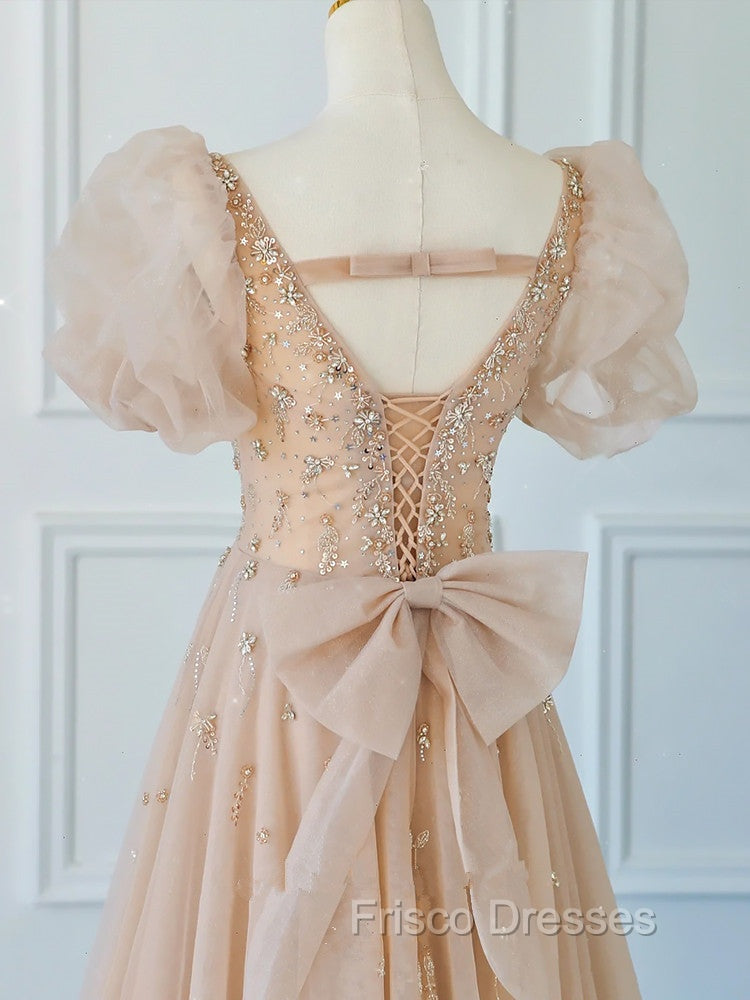 Chamapgne Beaded Short Sleeves Tulle A-line Formal Prom Dress, Champagne Party Dress