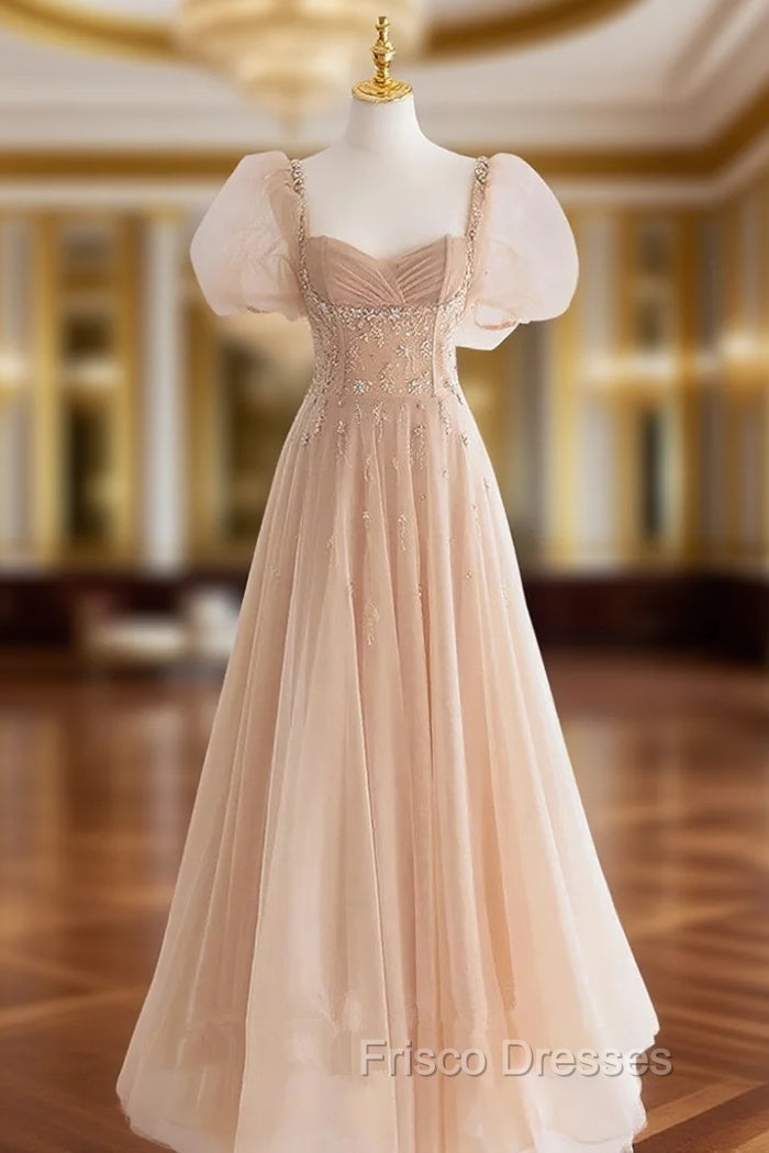 Chamapgne Beaded Short Sleeves Tulle A-line Formal Prom Dress, Champagne Party Dress Main image