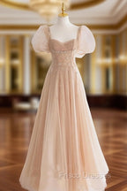 Chamapgne Beaded Short Sleeves Tulle A-line Formal Prom Dress, Champagne Party Dress