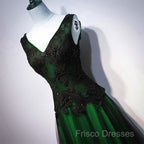 Chaming Black And Green Tulle V-Neckline Long Party Dress, Beautiful V-Neckline Formal Prom Dress