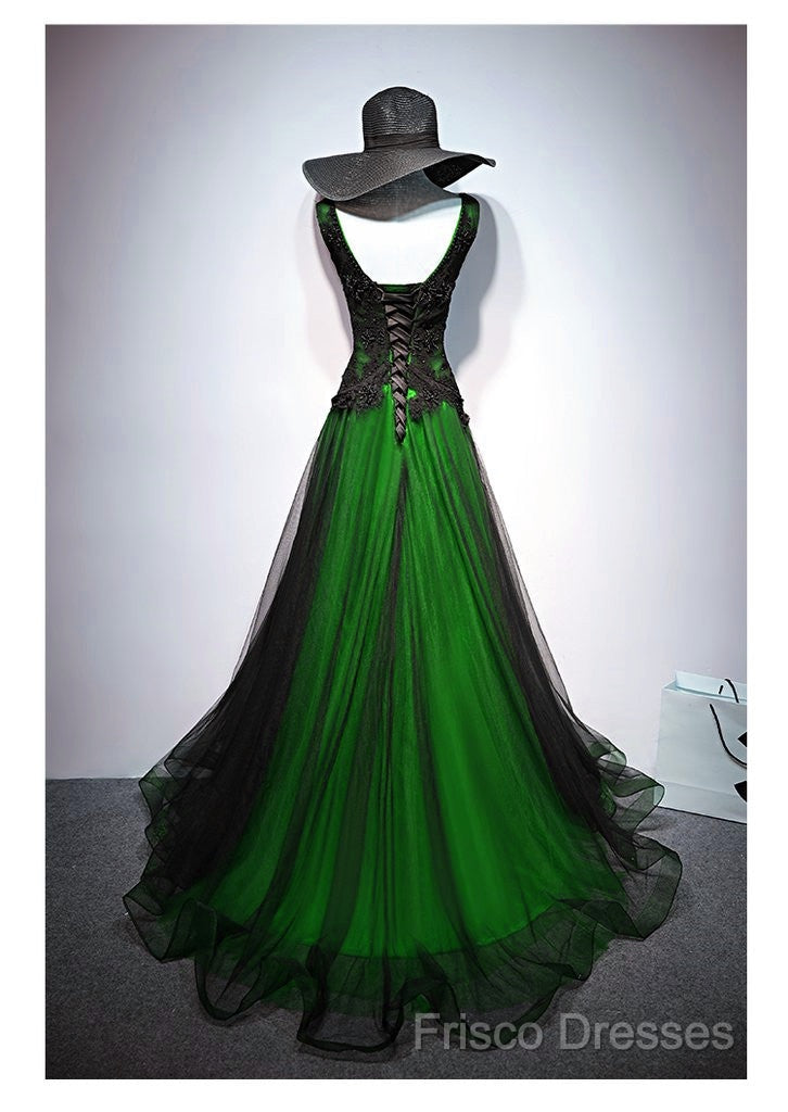 Chaming Black And Green Tulle V-Neckline Long Party Dress, Beautiful V-Neckline Formal Prom Dress