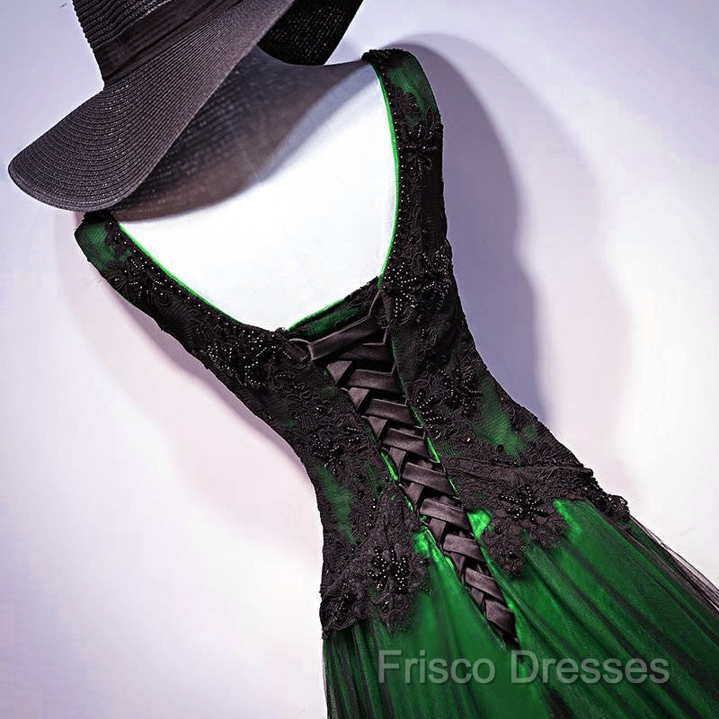 Chaming Black And Green Tulle V-Neckline Long Party Dress, Beautiful V-Neckline Formal Prom Dress