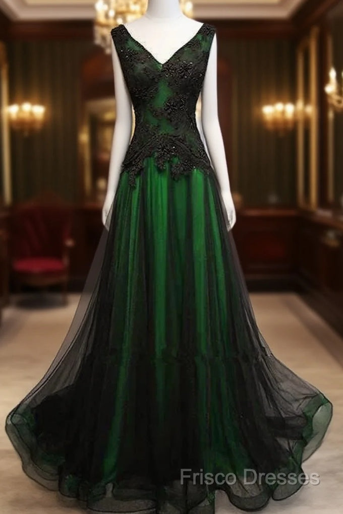 Chaming Black And Green Tulle V-Neckline Long Party Dress, Beautiful V-Neckline Formal Prom Dress Main image