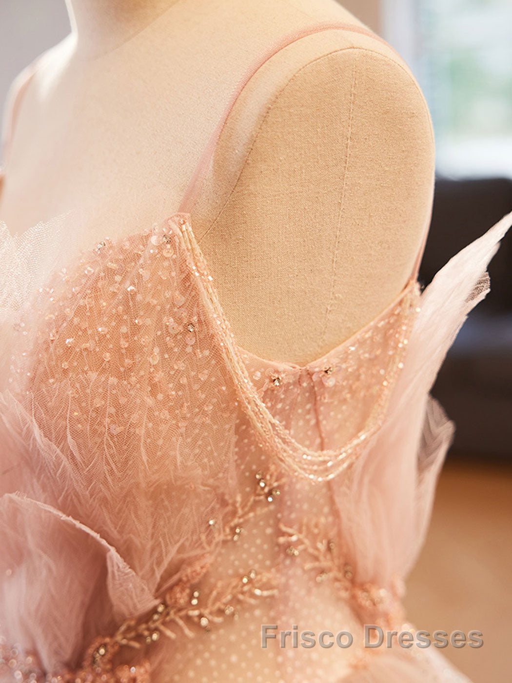 Champagne A-Line Beading Sequin Long Formal Prom Dresses, Champagne Formal Dresses