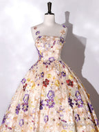 Champagne A-Line Flowers Long Prom Dress, Champagne Sweet 16 Dress
