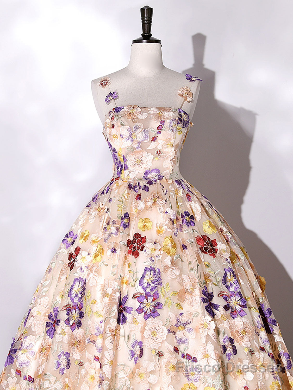 Champagne A-Line Flowers Long Prom Dress, Champagne Sweet 16 Dress