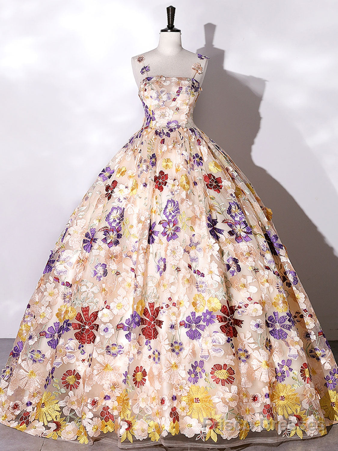 Champagne A-Line Flowers Long Prom Dress, Champagne Sweet 16 Dress Main image