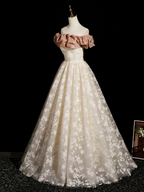 Champagne A-Line Lace Long Prom Dress, Champagne Long Evening Dress