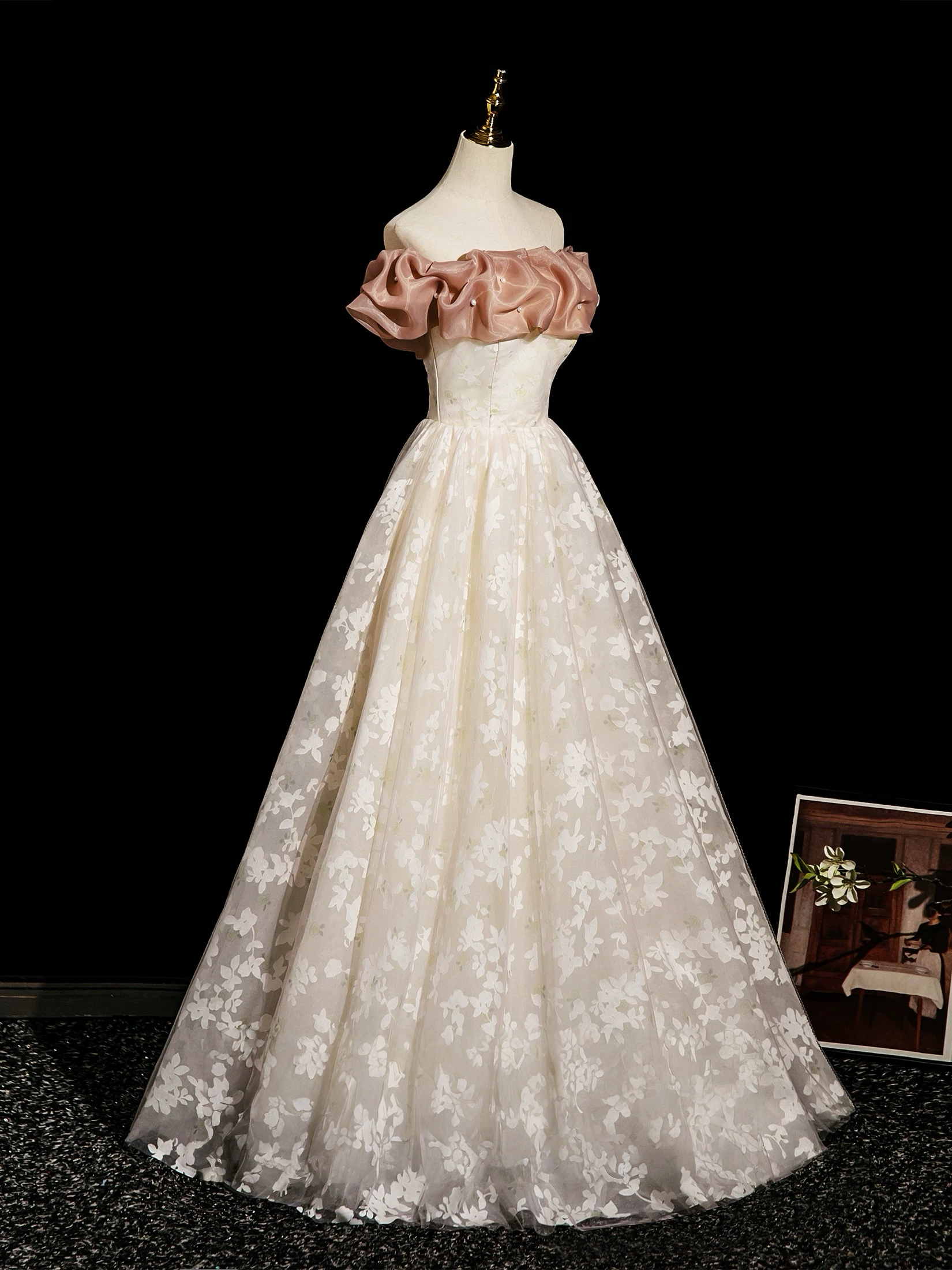 Champagne A-Line Lace Long Prom Dress, Champagne Long Evening Dress