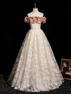 Champagne A-Line Lace Long Prom Dress, Champagne Long Evening Dress