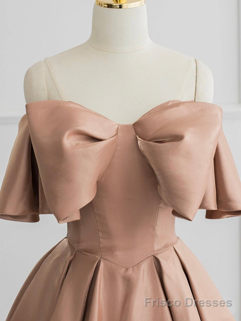 Champagne A-Line Off Shoulder Satin Long Prom Dress, Champagne Formal Dress Secondary image