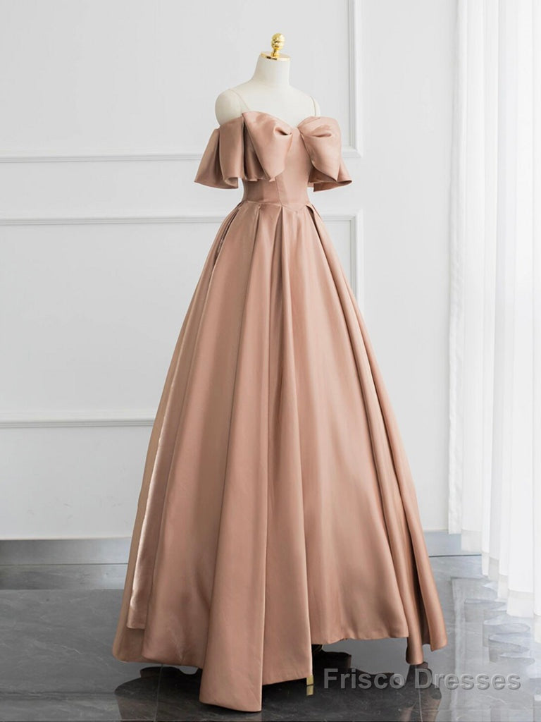 Champagne A-Line Off Shoulder Satin Long Prom Dress, Champagne Formal Dress Main image