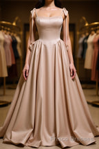 Champagne A-Line Satin Long Formal Prom Dresses, Champagne Formal Evening Dresses