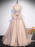 Champagne A-Line Satin Long Formal Prom Dresses, Champagne Formal Evening Dresses