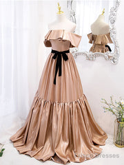 Champagne A Line Satin Off Shoulder Long Prom Dress Champagne Evening Dress