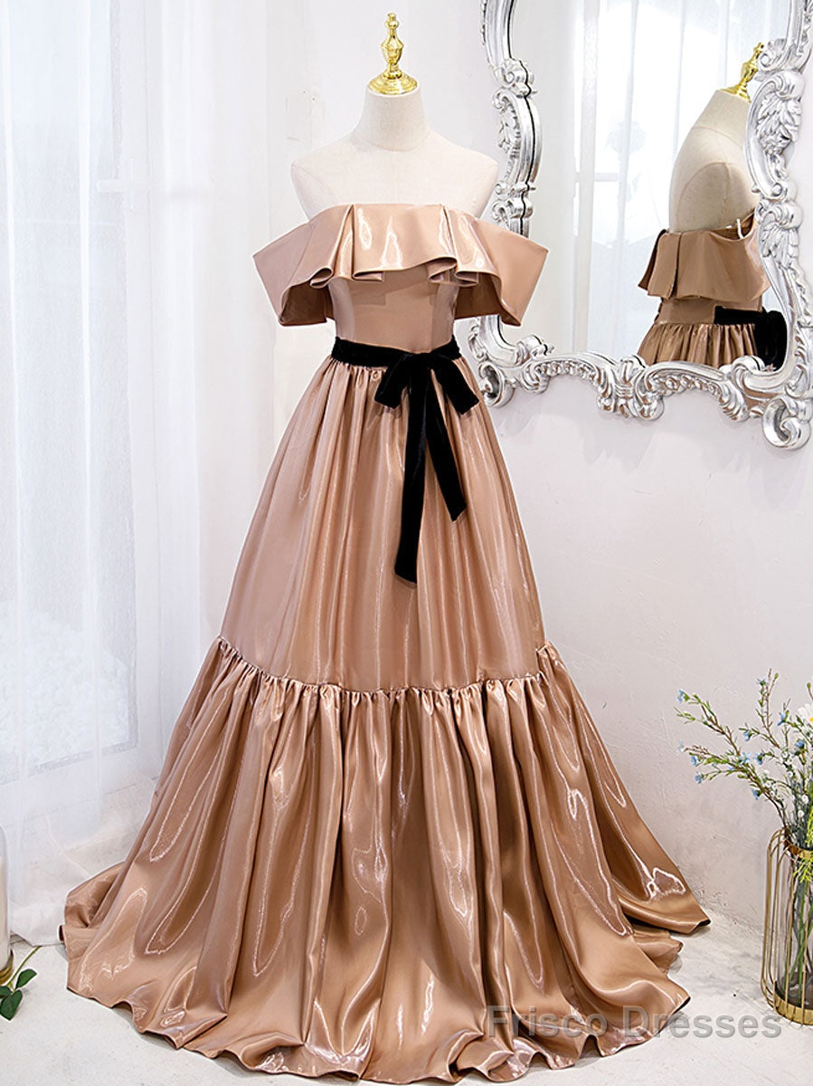 Champagne A Line Satin Off Shoulder Long Prom Dress Champagne Evening Dress Main image